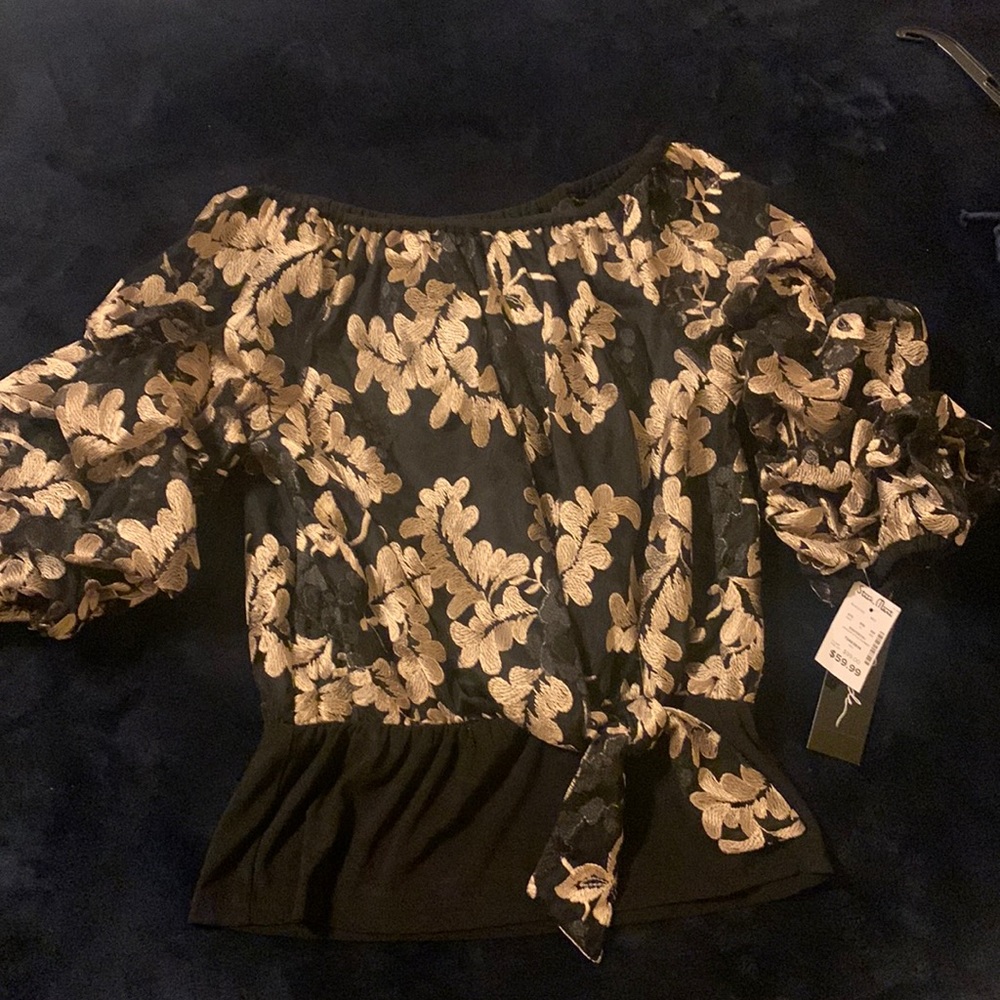 Prelude M black gold lace off the shoulder blouse